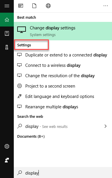 Settings in Start menu