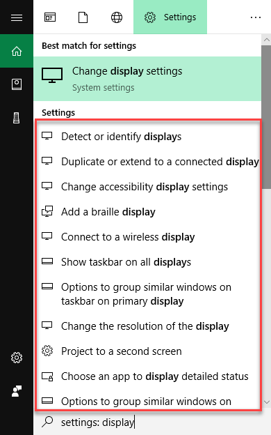 Detailed settings menu