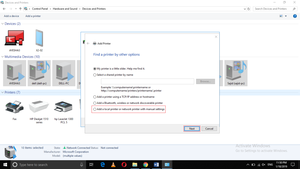 Add a local printer or network printer with manual settings