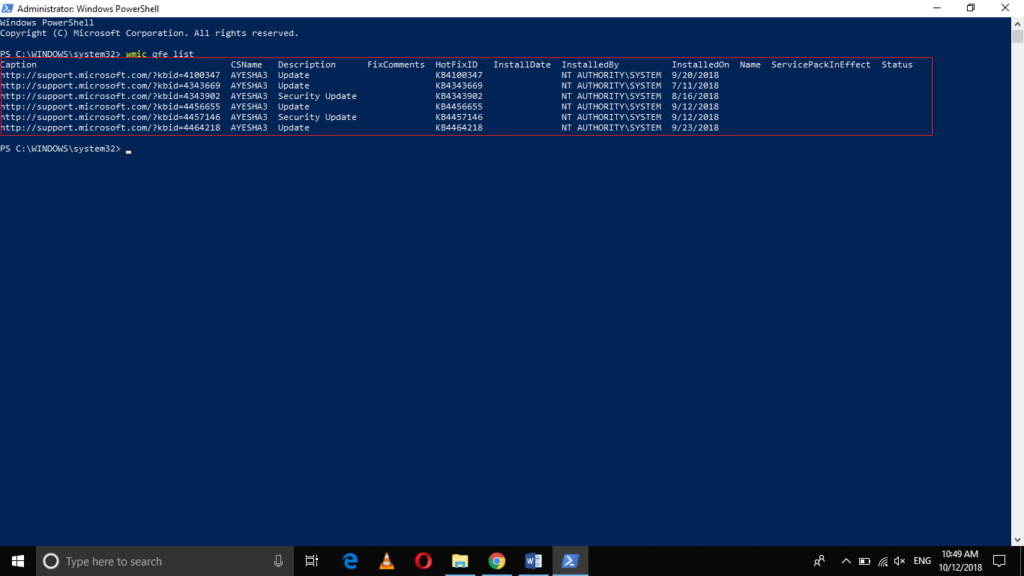 Windows 10 update history in your PowerShell window