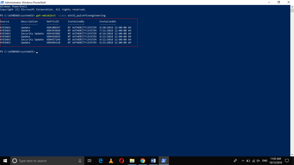 hotfix update history shown on your PowerShell window