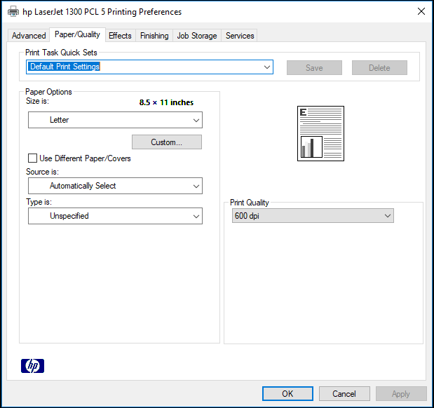 Printing Preferences window