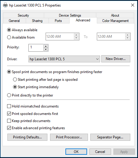 Printer Properties window