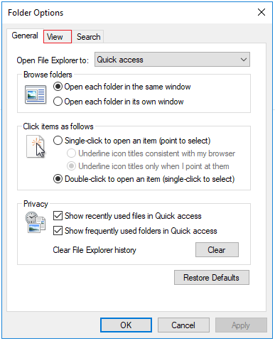 Folder Options window