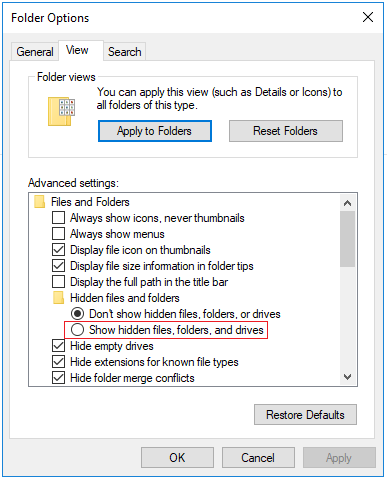 Show hidden files, folders and drives