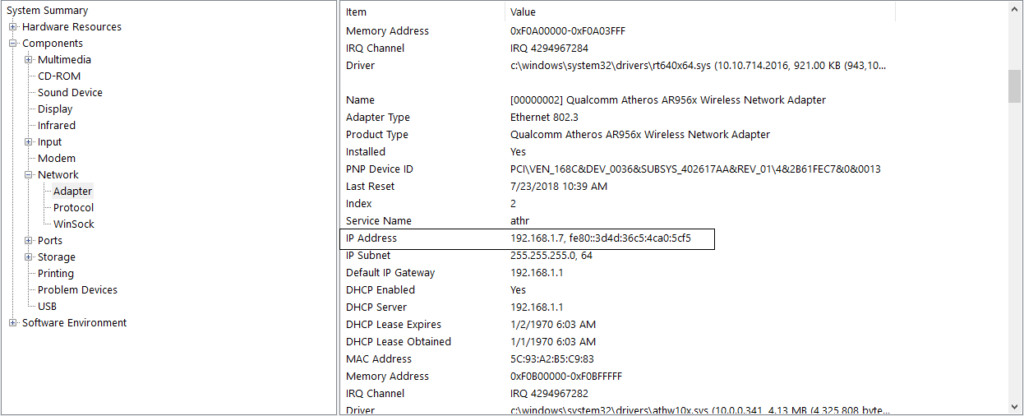 Components > Network > Adapter