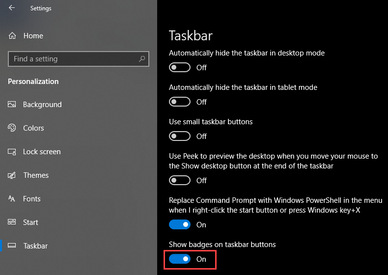 Show badges on Taskbar Buttons