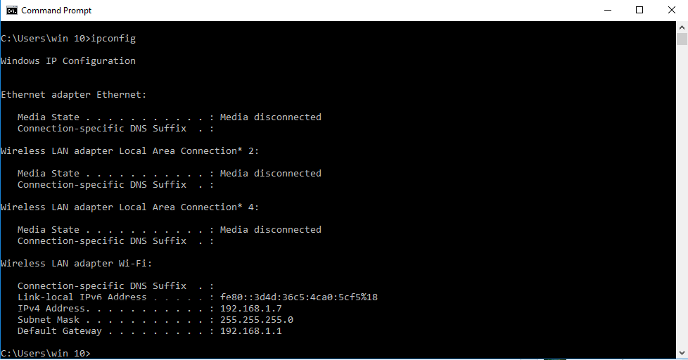 IPv4 address as shown by ipconfig command