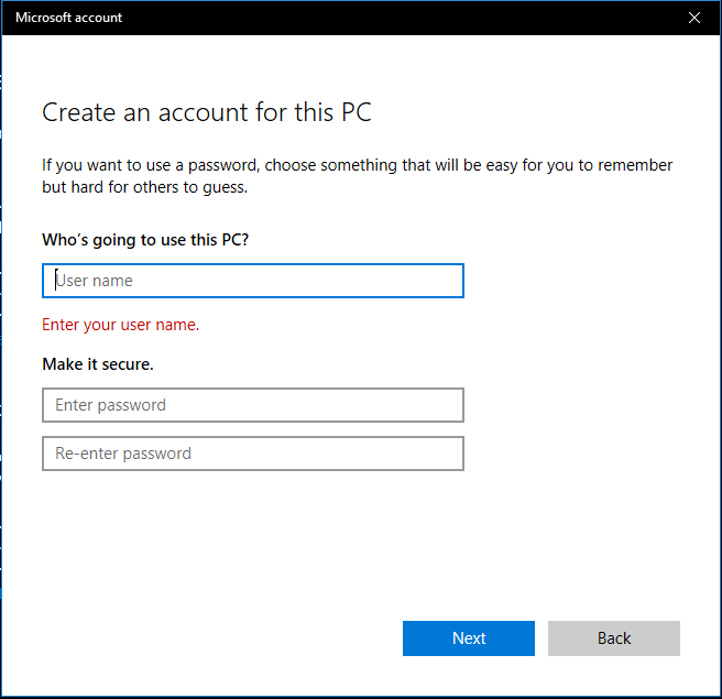 Create an account for this PC